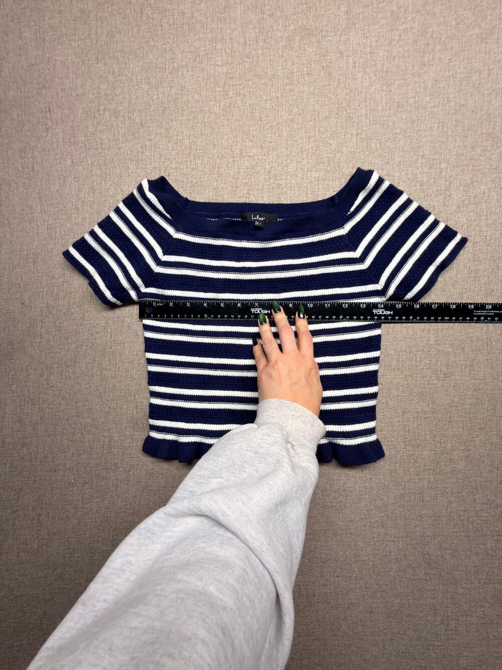 Lulus Small Navy White Striped Knit Crop Top Ruffle Hem Nautical Coastal NWOT
